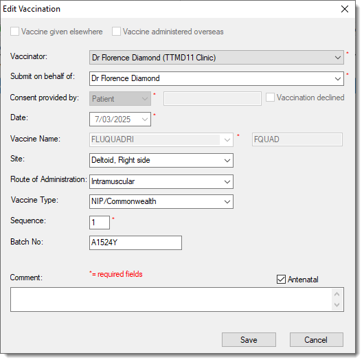 Edit Vaccination window 