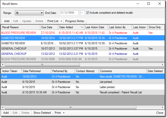 Example patient's recall items