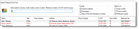 Example Select Patient From List window