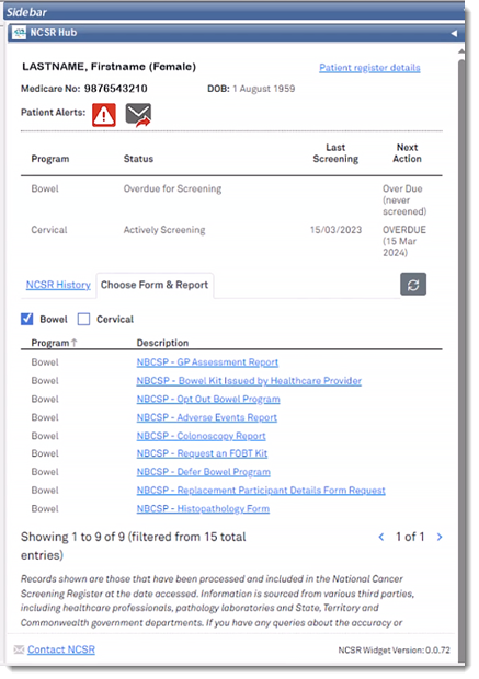 NCSR widget in the Sidebar